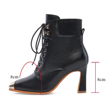 

2020 Luxury Brand Ankle Boots For Women New Concise Square Metal Toe Women High Heels Genuine Leather Autumn Warm Booties Woman