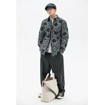 

Men Japan Vintage Loose Casual Print Shirt Style Cotton Padded Coat Overcoat Male Street Harajuku Thick Shirt Outerwear Jacket