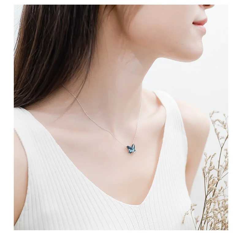 BOSCEN 925 пробы Серебряное ожерелье с подвеской для женщин подарок на день рождения украшенное кристаллами Swarovski голубая бабочка
