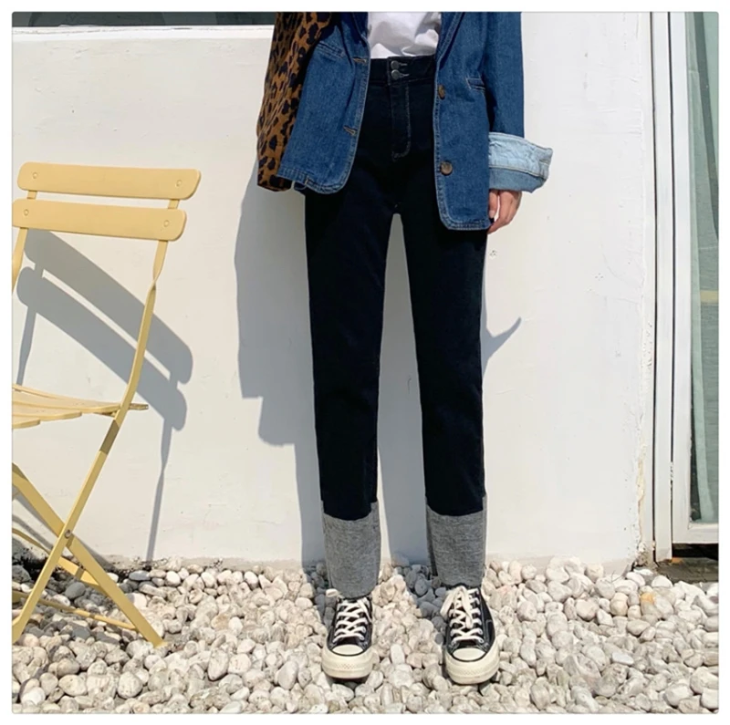 2020 large size jeans for women's fall and winter new stretch straight black high-waisted plus fleece pants | Женская одежда