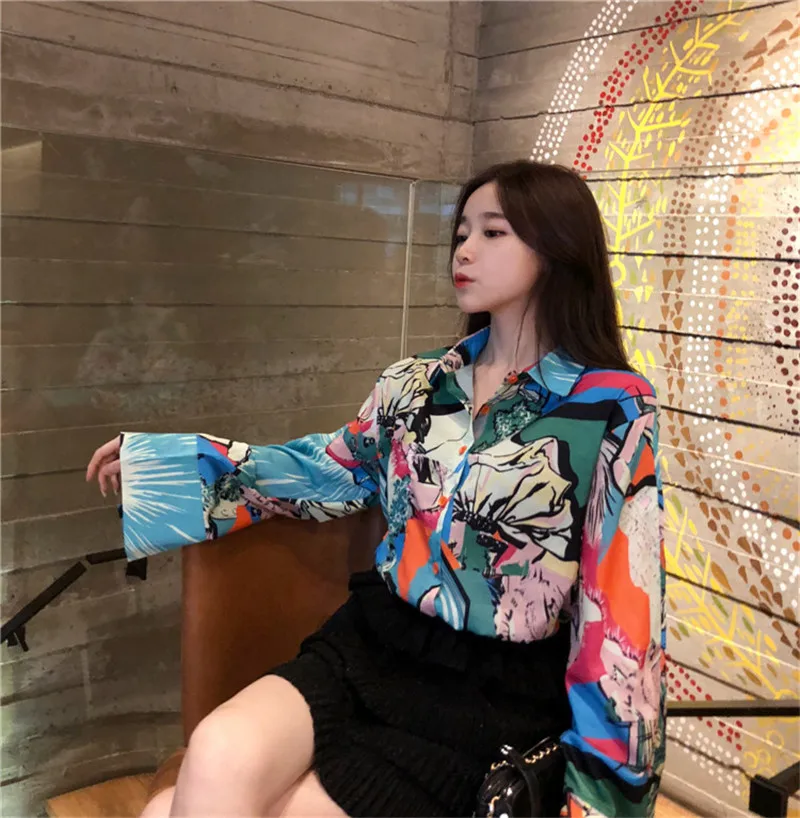 women blouse vintage print patchwork turn down collar long sleeve loose shirt korea designer casual blouses tops D840 - 4.00067E+12