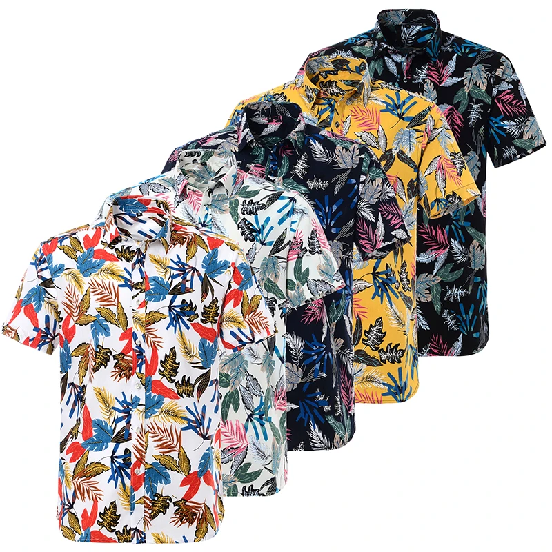 Verano de algodón puro remera Hawaiana para hombre impreso de manga corta de gran tamaño de la flor de la playa diseños florales