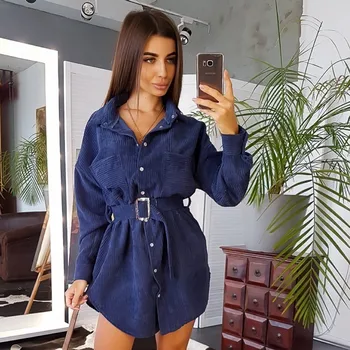

Women Winter Belt Straight Mini Dress Ladies Long Sleeve Turn Down Collar Party Dress 2019 Solid Vintage Fashion Dress