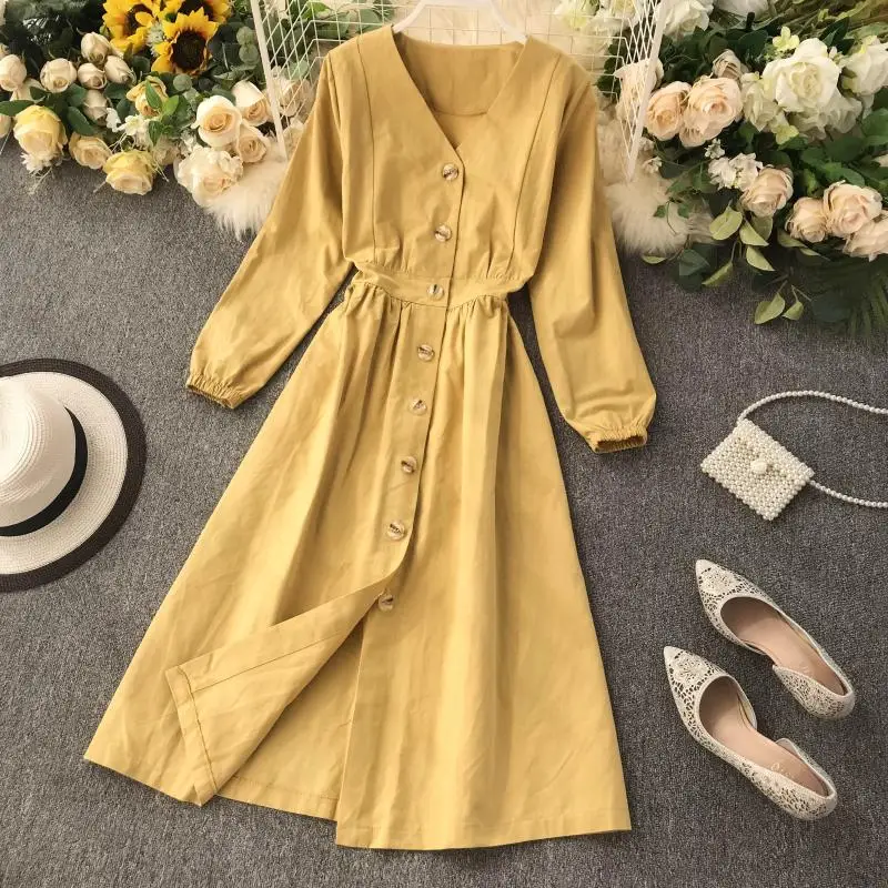 

Autumn Green Dress Women Temperament V-neck Long-sleeved Ladies Party Dress Solid Single-breasted Waist Long Maxi Dress