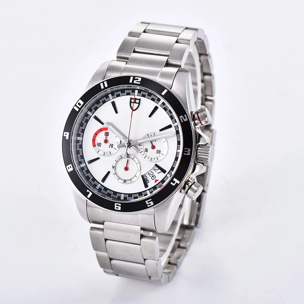 Quartz VK63 movement bomax marina watch chronograph white dial 43MM pointer steel bracelet Mineral glass Aluminum bezel | Наручные часы