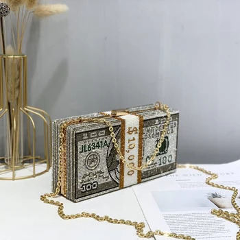 

Stack of Cash Crystals Women Money Evening Clutch Bags diamond painting chain Wedding Dinner Purses and Handbags luxury 2020 new