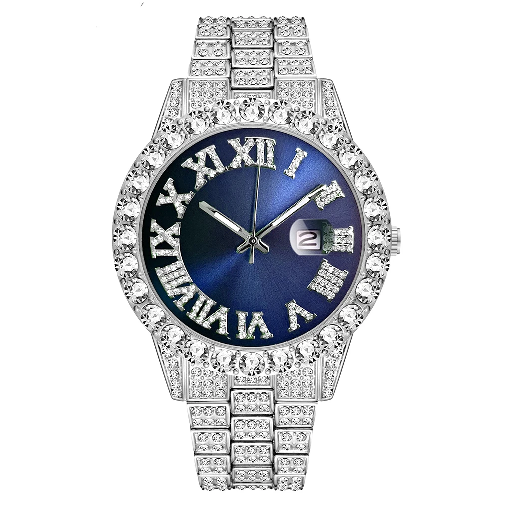 2 Pcs Watch+bracelet Hip Hop Stainless Steel Gold Color Calendar Watch For Men Iced Out Paved Rhinestones Men Watch Reloj Hombre 