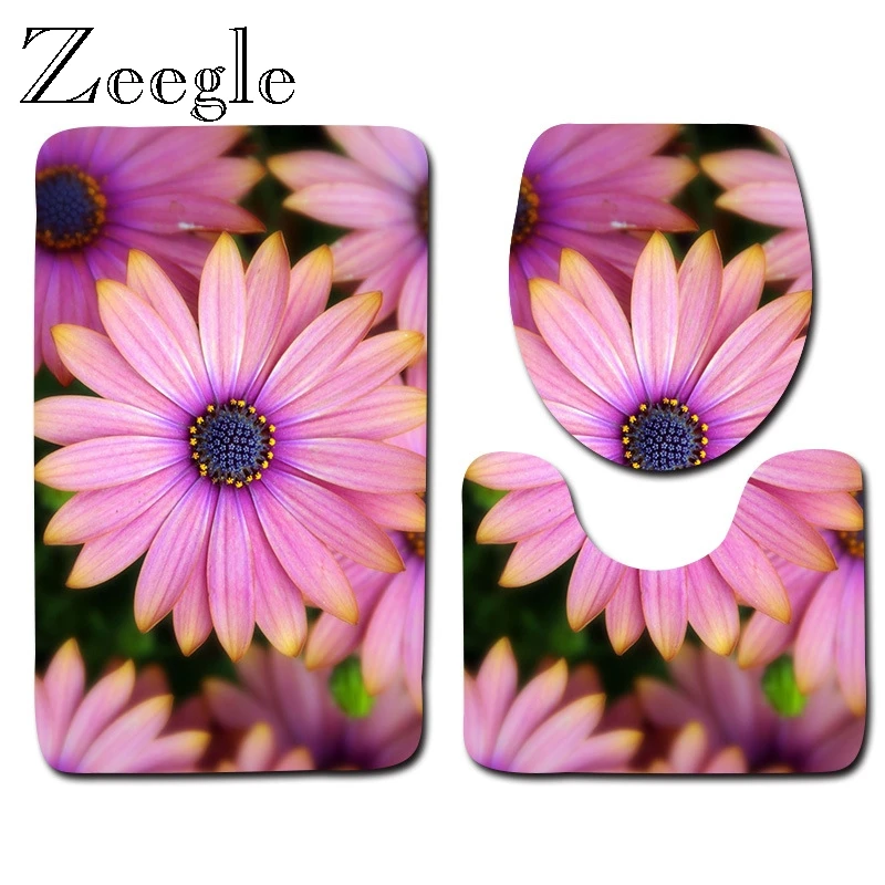 Zeegle Printed 3D Flower Bath Mat 3pcs Toilet Rug Set Toilet Decoration Mat Pedestal Rug Lid Toilet Cover Bathroom Floor Rug