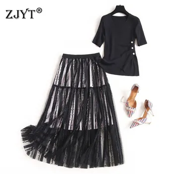 

High Fashion Summer Style Women Skirt 2Piece Set 2020 New Desigenrs Short Sleeve Knitted Top and Skirt Suit Sets