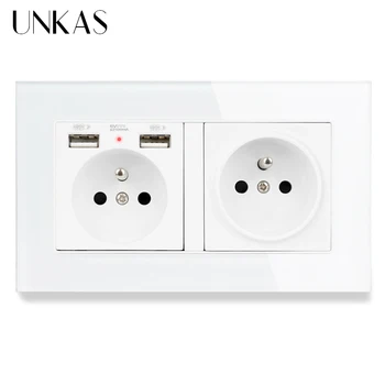 

UNKAS French Standard 2 Gang Socket with 2 USB Charge Port 2 Wall Socket USB Tempered Glass Panel Black White Gold