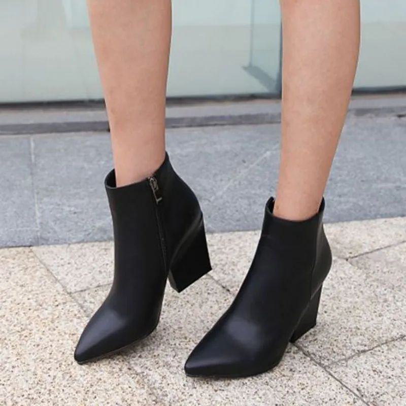 Taoffen Women High Quality Pointed Toe High Heels Ankle Boots Office Ladies Sexy Zipper Shoes Woman Motorcycle Boots Size 32-43