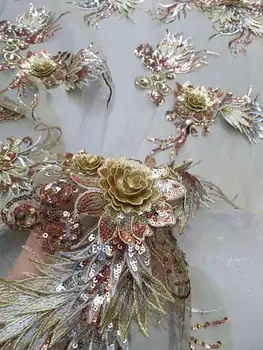 

Golden lace rhinestone sequins +3D three-dimensional flower embroidery French mesh lace suitable for high-end dress evening wear