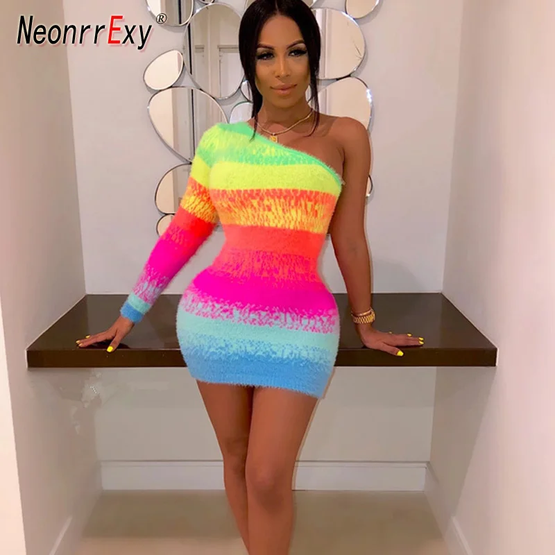 

Neonrrexy Sexy Print Patchwork One Shoulder Mini Dress 2019 Autumn New Women One Sleeve Bodycon Robe Party Club Dresses