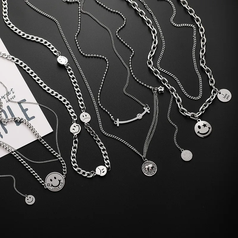2020 Fashion Metal Smile Face Double Layered Pendant Necklace for Women Girl Alloy Chain Letter Print Choker Necklaces Gifts | Украшения и