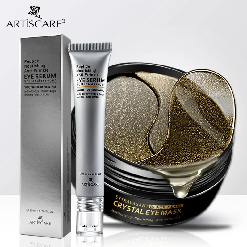 ARTISCARE Eye Serum Roller Massager + Black Pearl Masks SET Peptide Anti Wrinkles Patches Remover Dark Circle Care |