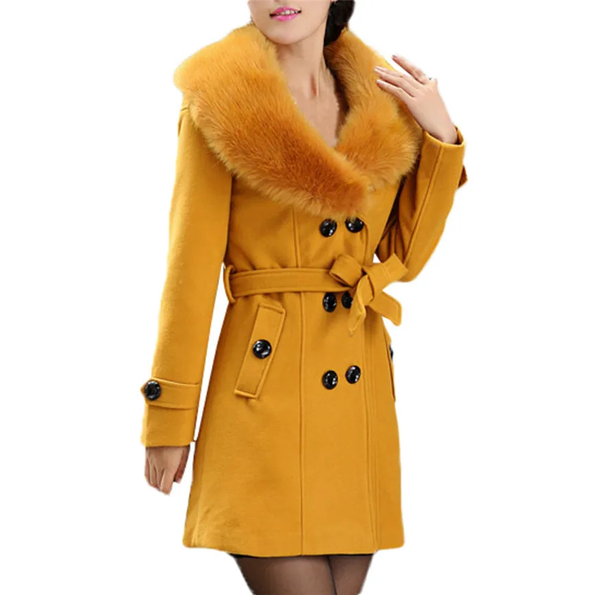 Пальто женское зимнее шерстяное пальто с лацканами пуговица для пальто куртка с длинными рукавами однотонные ленты пальто Верхняя одежда Polyester полиэстер - Цвет: Yellow
