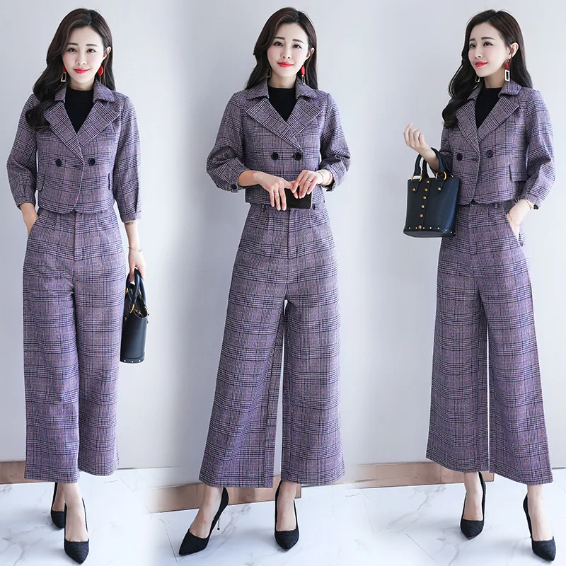 

2018 Spring And Autumn New Style Korean-style Debutante Elegant High-waisted Plaid Suit Loose Pants WOMEN'S Suit-Style Two-Piece
