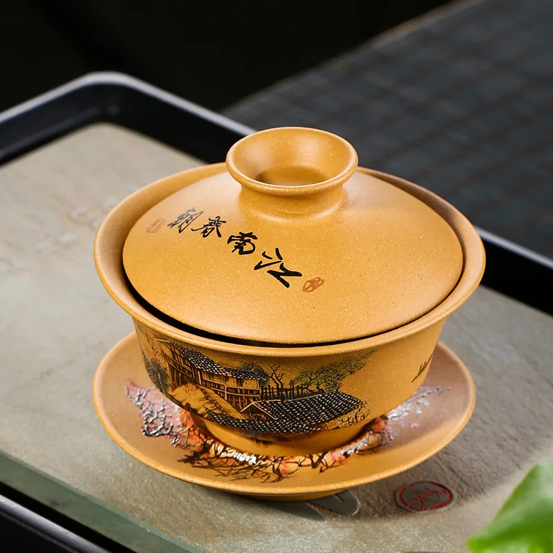 Yixing Gaiwan, 135 мл, чайная чаша, блюдце, набор крышек, фиолетовая глина, чашка, чайник, контейнер, ручная роспись, чайная тарелка, чайная посуда, Декор, ремесла