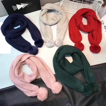 

Cute Rabbit Hair Ball Warm Knitting Long Scarves Children Autumn Winter Scarf Solid Color Wool Scarf for Infant Baby Scarf