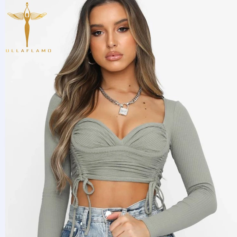 

Women's Solid T Shirt Low-cut Short Crop Tops Autumn Casual Square Neck Drawstring Lace-up Tee Tops Sexy Bodycon Female T Shirt