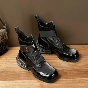 

MLJUESE 2021 women soft ankle boots cow leather winter short plush round toe lace up black color high heels women riding boots