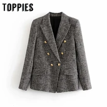 Клетчатая твидовая куртка, пальто, винтажный женский офисный Блейзер, двубортный женский Блейзер, Европейская мода