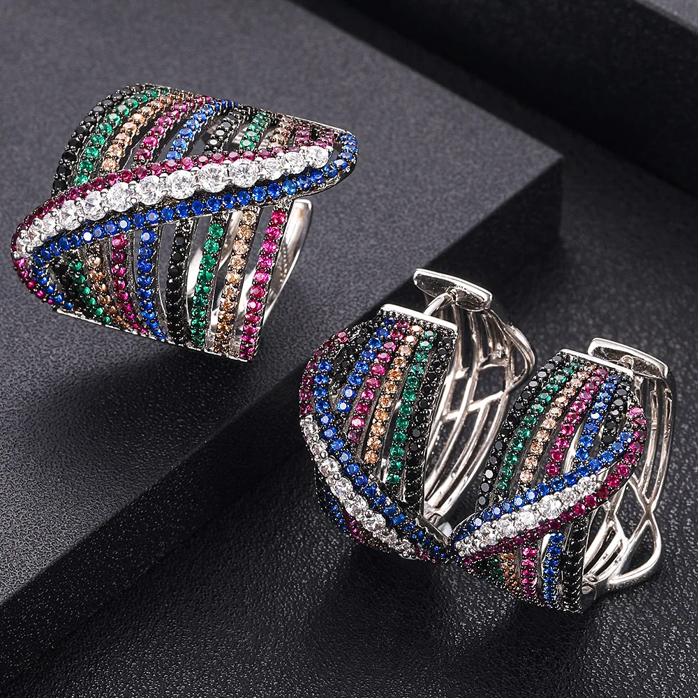 

jankelly Twist Braided Multicolor Full Mirco Pink Cubic Zirconia Setting European brincos Wedding Hoop Earring Ring Jewelry Set