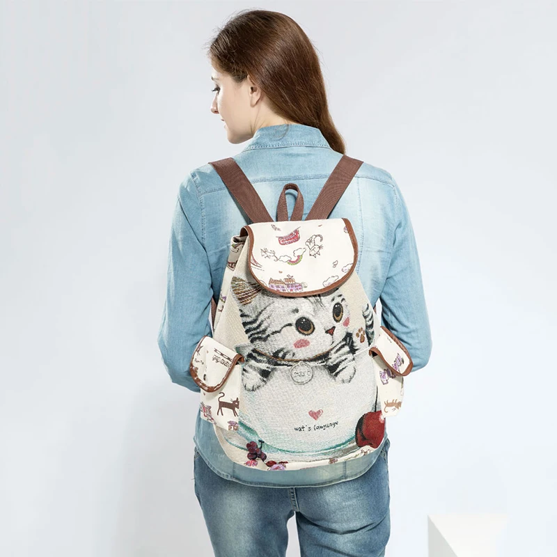 Abzc-женский холщовый рюкзак с рисунком кота, школьная сумка с карманами, повседневная винтажная сумка для путешествий, рюкзак на шнурке, 1