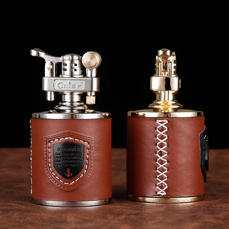 Big Size Metal With Leather Gasoline Cigarette Lighter Grinding Wheel Metal lighter Inflatable Tobacco Kerosene Carving Lighter