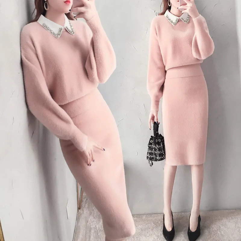 

Western Style Goddess-Style Dress Outfit Winter Elegant Ladies' Debutante Graceful Faux Mink Cashmere Sweater Skirt Two-Piece Se