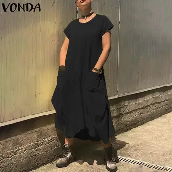 

VONDA Womens Summer Dresses 2020 Women Vintage Solid Short Sleeve Button Dresses Oversized Sundress Femme Robe S-5XL Vestidos