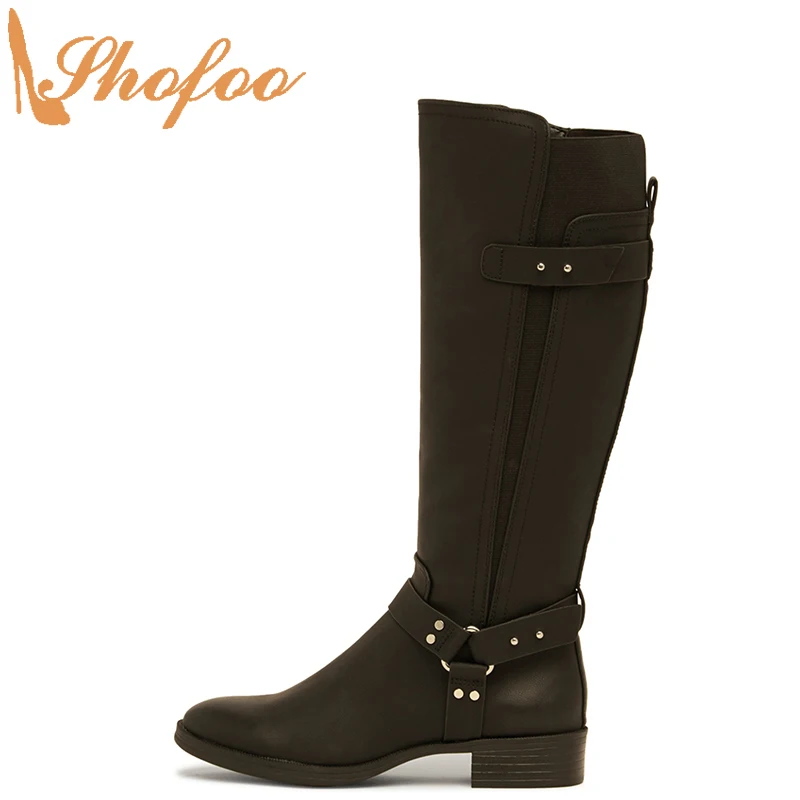 

Black Knee-High Riding Boots Chunky Heels Women Almond Toe Zip Large Size 13 16 Ladies Winter Fashion Rivet Mature Shoes Shofoo