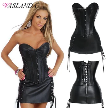 

VASLANDA Women Lace Up Corset Skirt Suits Sexy Boned Steampunk Bustier Top With Thong Half Slips Gothic Corselet Costume Skirts