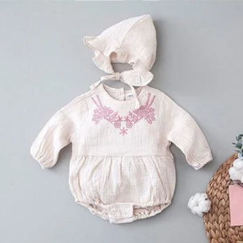 

2020 Spring and Autumn New Korean Rompers Cute Embroidery Lace Collar Infant Girls Bbodysuit Baby Girls Rompers Baby Bodysuits