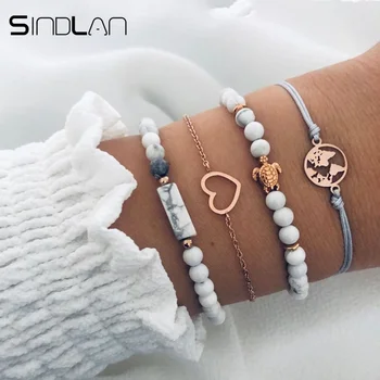 

Sindlan 4PCs Gold Turtle Natural Stone Beads Bracelet for Women Hollow Heart Map Boho Bangle Bracelets Set Bohemia Wrist Jewelry
