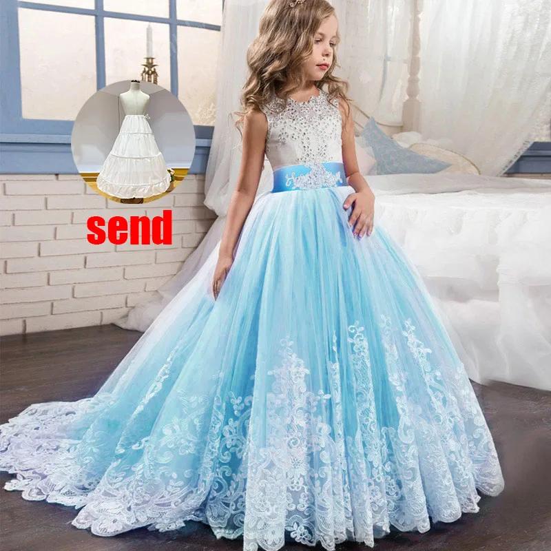 Летнее платье для девочек длинное бальное платье вечернее платье Детские платья детское платье принцессы для выпускного бала на свадьбу для девочек 10, 12 лет, vestidos - Цвет: sky blue