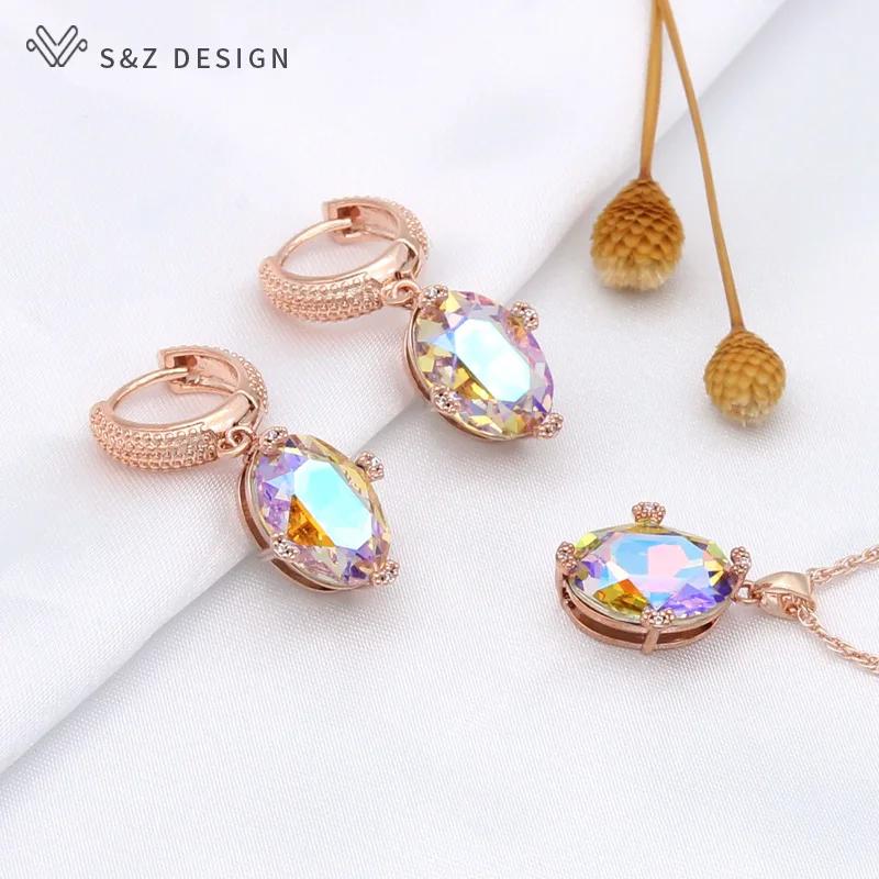 S&Z DESIGN New 585 Rose Gold Color Egg Shape Oval Dangle Earrings Jewelry Sets For Women Pendant Necklace Christmas Gift