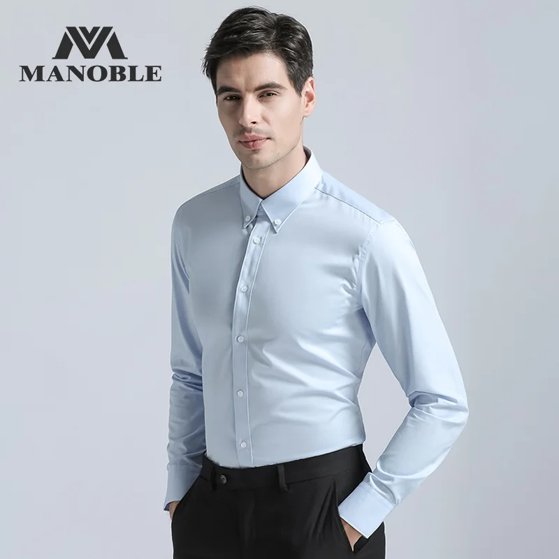 Men's Dress Shirt Brands New Fashion Regular Fit Shirts Business Long Sleeve with Cufflink Collar Button Solid Color Blue - Цвет: Blue