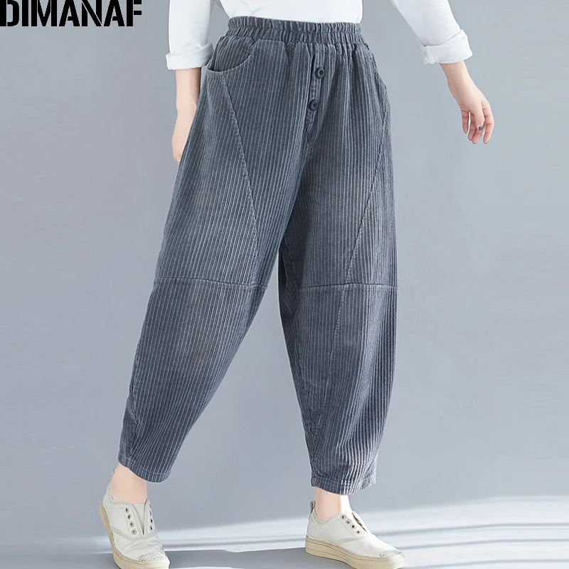 DIMANAF осень зима размера плюс для женщин длинные брюки утолщаются вельвет Винтаж женские брюки эластичный пояс свободные сплайсированные Панталоны - Цвет: GZG9166CN-hui
