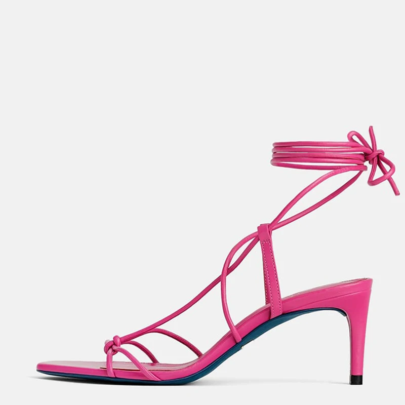 Милые босоножки со шнуровкой «рюмочка» женские летние туфли-гладиаторы синего цвета с завязками на лодыжке вечерние женские модельные туфли на среднем каблуке с узкими лентами размер 15 Shofoo