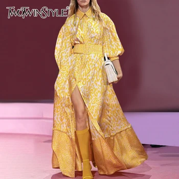 

TWOTWINSTYLE Print Leopard Dress For Women Lapel Collar Puff Sleeve High Waist Sashes Female Dresses 2020 Autumn Fashion New