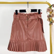 MUMUZI, пояс, искусственная кожа, Женская юбка с оборками, высокая талия, Женская мини-юбка, а-силуэт, вечерние, Клубная одежда, Женская Сексуальная короткая юбка