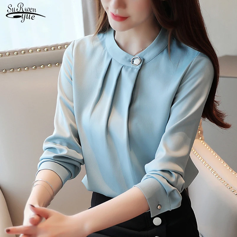 Camisas Mujer, новинка, осенняя однотонная блузка с длинным рукавом, женская рубашка, топы OL, винтажный пуловер с круглым вырезом, женская блузка, одежда 7161 50