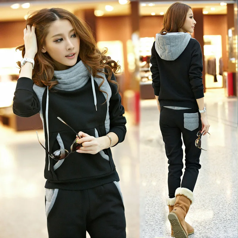 

Cotton Polyester Lady Fall and Winter 2 Piece Suit Outdoor Ladies Hoodie Slim and Warm Ladies Street Hoodie + Haren Pants