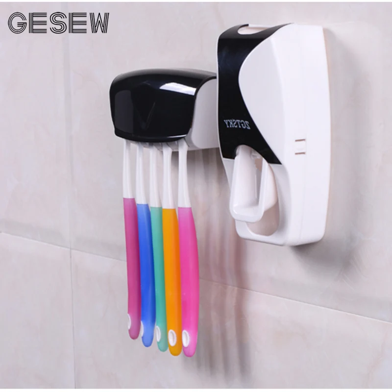 

GESEW Plastic Toothbrush Holder Wall Mount Automatic Toothpaste Dispenser Toothbrush Case Bathroom Accessories Lazy Dispenser