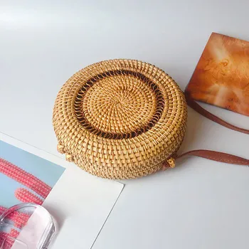 

Women Round Straw Shoulder Bag Handwoven Rattan Vintage Straw Rope Knitted Crossbody Beach Bags Fresh Messenger Bag Purse #T2G