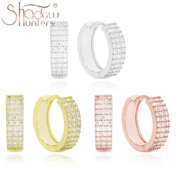 

SHADOWHUNTERS Real 925 Sterling Silver White Clear Zircon Huggies Hoop Earrings Three Rows CZ Hoops For Women Jewelry Piercings