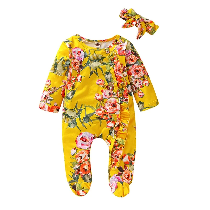 2 шт. мягкие комбинезоны для новорожденных от 0 до 18 месяцев, весенне-осенняя одежда для малышей комбинезон для новорожденных Костюмы в цветочек пижамы повязка на голову - Цвет: Y