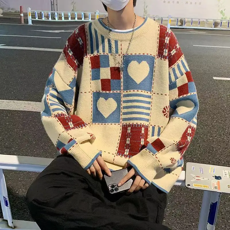 

2021 Men's Fashion Trend Coats Loose Cartoon Printing Wool Sweaters Student Round Neck Knitting In Warm streetwear Pullover