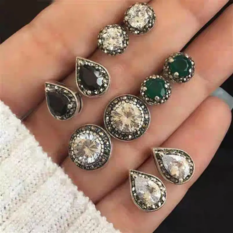 

1 Set ( 5 Pairs/Set) Boho Chic Bohemia Ear Post Stud Earrings Set Multicolor Round Earring Jewelry 15mm long - 11mm Dia.